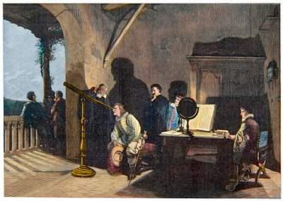 John Milton (1608-1674) visita Galileo Galilei durante il tour italiano di Milton del 1638-1639. incisione da Unknown artist