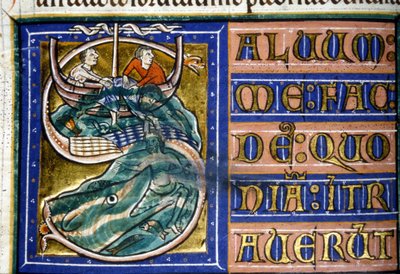 Giona viene gettato in mare e divorato da un enorme pesce. Manoscritto del XIV secolo. Biblioteca Comunale di Vercelli. da Unknown artist