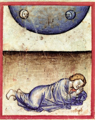 Giuseppe sognò che il sole, la luna e undici stelle si prostravano davanti a lui. Miniatura dal codice 212 (o codice padovano o Bibbia di Padova) 1390-1400. Rovigo, Accademia dei Concordi da Unknown artist