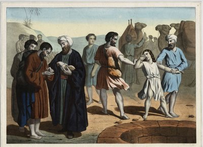 Giuseppe il Patriarca, venduto dai suoi dieci fratelli gelosi che vogliono farlo sparire. Incisione anonima del XIX secolo da Unknown artist