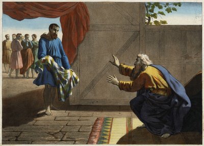 La tunica insanguinata di Giuseppe presentata a Giacobbe. I fratelli gelosi di Giuseppe, che hanno rinunciato a ucciderlo, fanno credere al loro padre Giacobbe nella sua morte presentando il mantello di Giuseppe coperto di sangue di pecora. Incisione anoni da Unknown artist