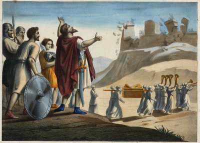Giosuè davanti alla città di Gerico (la prima città presa da Giosuè e dagli ebrei durante la conquista della Terra Promessa). Le mura crollano al suono delle trombe (incisione anonima del XIX secolo) da Unknown artist