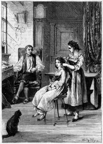 Josue Heilmann, inventore francese, osserva le sue figlie pettinarsi. Si ispirò a questa scena per creare il pettine meccanico nel 1843. Incisione in 