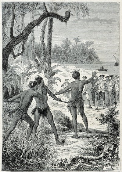 Viaggio del Capitano James Cook (1728-1779) in Nuova Guinea: il primo incontro con i nativi, illustrazione tratta da 