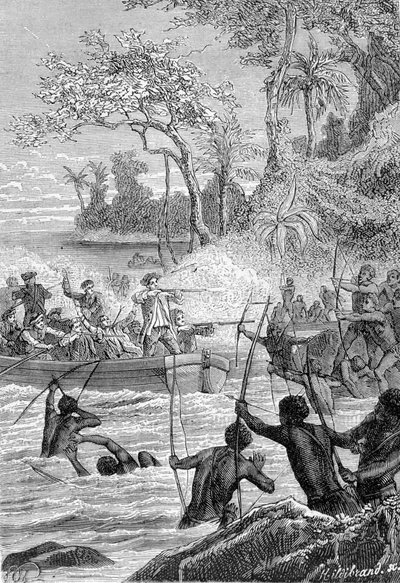 Viaggio di Carteret nelle Isole di Santa Cruz: Attacco dei nativi con frecce - illustrazione tratta da 
