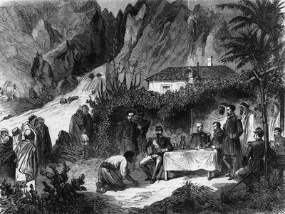 Viaggio di Napoleone III, Imperatore dei Francesi, in Algeria. Settembre 1860. Napoleone III pranza alla baia delle scimmie riceve Barka. Incisione del 1865. da Unknown artist