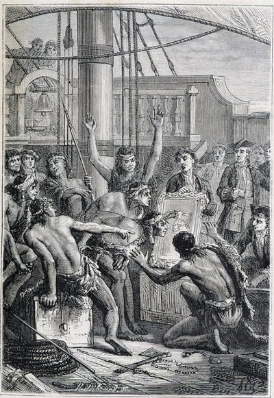 Viaggio di Samuel Wallis (1728-1795) in Polinesia: indigeni stupiti da uno specchio - illustrazione tratta da “I grandi marinai del XVIII secolo” da Unknown artist