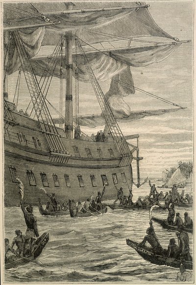 Viaggio di Samuel Wallis (1728-1795) in Polinesia: indigeni che tengono rami di banana in mano come saluto di benvenuto - illustrazione da "I grandi navigatori del XVIII secolo" da Unknown artist