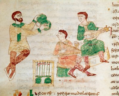 Giocoliere e musicisti di corte (miniatura, 9° secolo) da Unknown artist