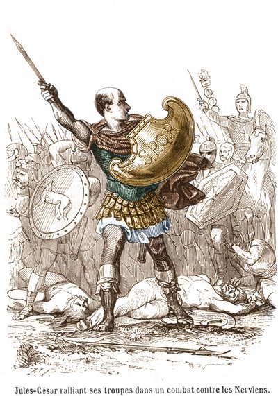 Giulio Cesare che raduna le sue truppe in una battaglia contro i Nervi - incisione da Unknown artist