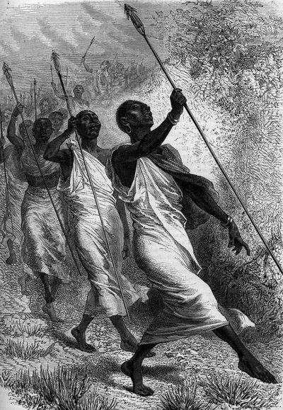 Kabba Righe, re di Ounyoro (in Africa), e il suo seguito. Incisione in "Le Journal de la jeunesse" da Unknown artist