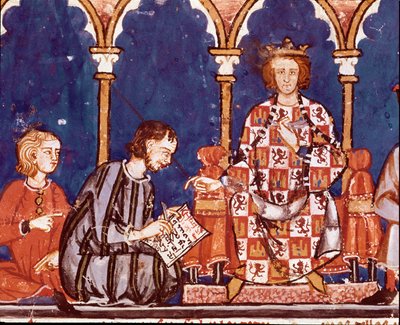 Re Alfonso X il saggio assiste uno scriba. Dettaglio di una miniatura dal Libro dei giochi di Alfonso X il saggio (1221-1284) 