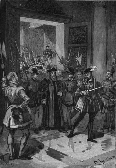Re di Francia Enrico II (1519-1559), al centro, ordina al suo connestabile di arrestare i consiglieri. Incisione del XIX secolo. In "Histoire de France" di Jules Michelet da Unknown artist