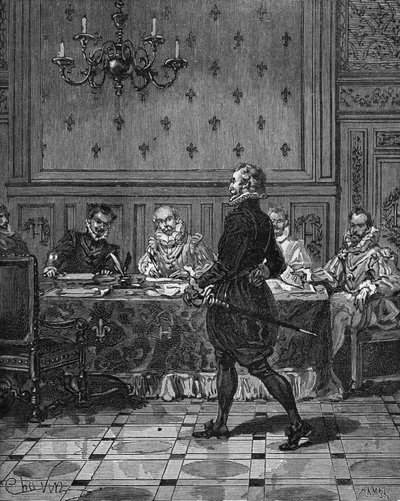 Re di Francia Enrico IV (1553-1610) (in piedi) a una riunione con i suoi ambasciatori. Incisione del XIX secolo. In "Histoire de France" di Jules Michelet da Unknown artist