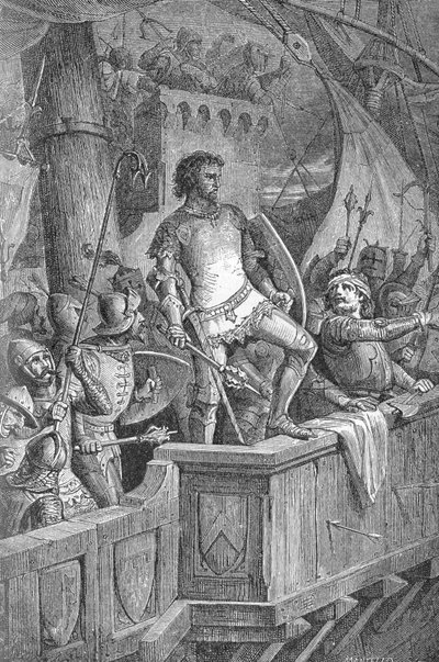 Canuto il Grande (Canuto I) (994 o 995-1035) - Gli uomini di Canuto il Grande sul ponte di Londra, sotto attacco di Olaf II di Norvegia - Incisione in "Kaiser, König und Papst" di Richard Roth da Unknown artist