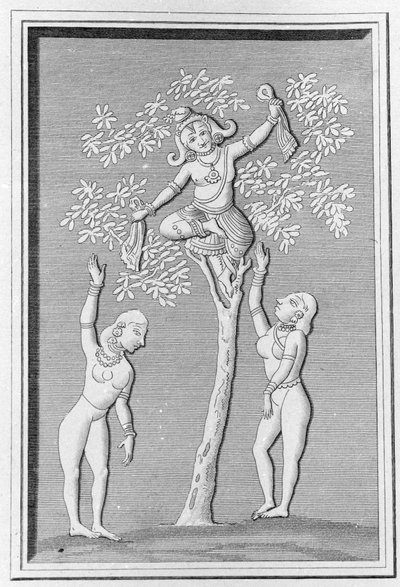 Krishna che vola con due gopi. Incisione in “Monumenti Antichi e Moderni dell