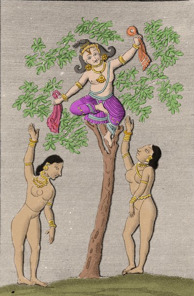 Krishna che vola con due gopi. Incisione in 