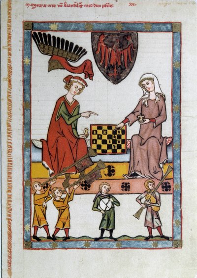 La partita a scacchi, Due giovani che giocano a scacchi, circondati da musicisti da Unknown artist