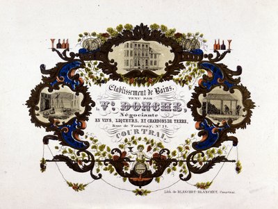 Etichetta per una cantina, liquori e carboni. Litografia da Unknown artist
