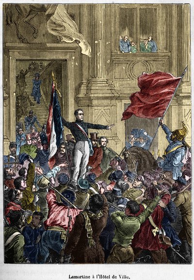 Lamartine (1790 - 1869), rifiutando la bandiera rossa per la bandiera tricolore, al Municipio. Parigi, 26 febbraio 1848. Collezione Bianchetti. da Unknown artist
