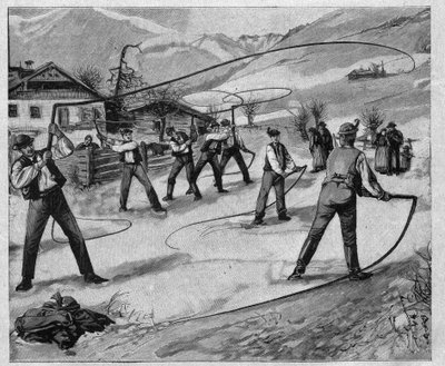 Le claqueurs du salskammergut - salskammergut: In diverse domeniche dopo il nuovo anno, i giovani di Salisburgo (Austria) schioccano fruste per svegliare la natura dal suo sonno invernale - incisione 1897 da Unknown artist