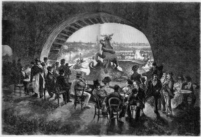Sotto la cascata del giardino del Trocadero durante il grande caldo a Parigi dove i parigini vengono a sedersi al fresco. Incisione in "Le Monde Illustré" da Unknown artist