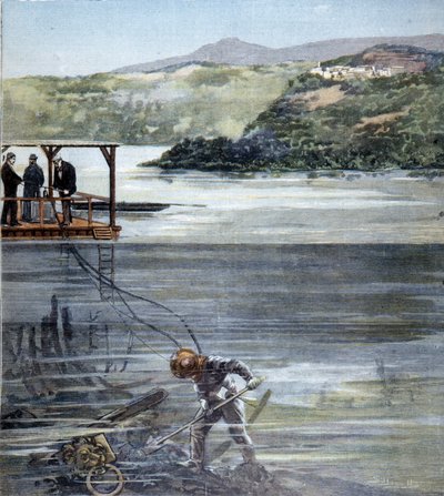 Il palombaro Paolo Pardi che lavora sulle navi romane nel lago di Nemi con lo scafandro Siebe nel 1893 da Unknown artist
