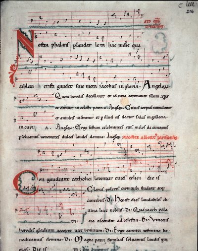 Volantino di una guida per pellegrini con testi del pellegrinaggio di Santiago de Compostela (Santiago de Compostella) Fol. 214 r. Da un manoscritto del 13° secolo. Archivio della Cattedrale di Santiago de Compostela (Santiago de Compostela), Spagna da Unknown artist