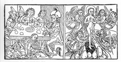 A sinistra: Santa Maria Maddalena asciuga i piedi di Gesù con i suoi capelli. A destra: Santa Maria Maddalena ascende al Cielo. Manoscritto del 1488 stampato a Norimberga. Incisione da 