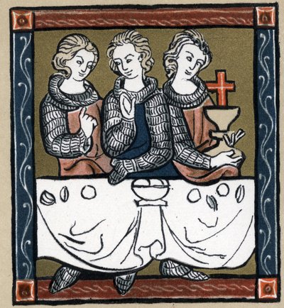 Leggenda Arturiana: Galahad (Gaalad o Galaad), Perceval e Bohort (Bors o Borrt) con il Santo Graal. In 