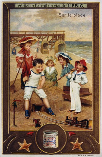Carta Leibig che raffigura bambini francesi sulla spiaggia 1890 da Unknown artist