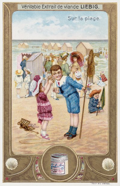 Carta Leibig che raffigura bambini francesi sulla spiaggia 1890 da Unknown artist