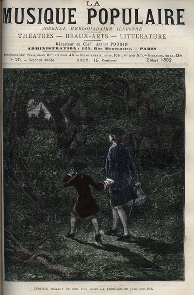 Leopold Mozart e suo figlio Wolfgang Amadeus nella Foresta Nera - Leopold Mozart e suo figlio Wolfgang Amadeus nella Foresta Nera in Germania - incisione in "La musique populaire" settimanale illustrato - 1882 da Unknown artist