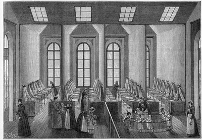 Le creches: asilo nido e nursery di Guise (Aisne, 02). Vista interna della stanza principale. Incisione in "La Nature: revue des sciences et de leurs applications aux arts et à l