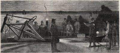 Les egouts de Paris: una "flushing boat" usata per pulire il collettore fognario - Incisione da "Le Monde Illustré" da Unknown artist