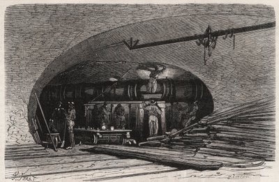 Le fogne di Parigi: curva del tubo vicino al ponte Saint Michel, place du Chatelet - Incisione in 