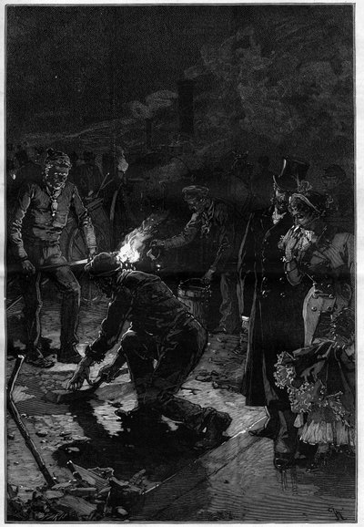 Gli operai posano il bitume nei pressi del teatro francese (Théâtre-Français o Comédie-Française) nelle strade di Parigi e svolgono i lavori del cantiere durante la notte. Incisione in "Le Monde Illustré" da Unknown artist