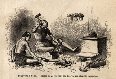 Fabbri davanti alla loro forgia a Yedo (o Edo, capitale imperiale, odierna Tokyo). Incisione per illustrare il viaggio in Giappone, nel 1863-1864, di Aime Humbert, ministro della Confederazione Svizzera, in "Le tour du monde, nouveau journal des voyages" p da Unknown artist