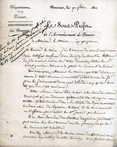 Lettera del sottoprefetto della Creuse (arrondissement di Boussac) al sindaco di Gouzon, 9 settembre 1822 da Unknown artist