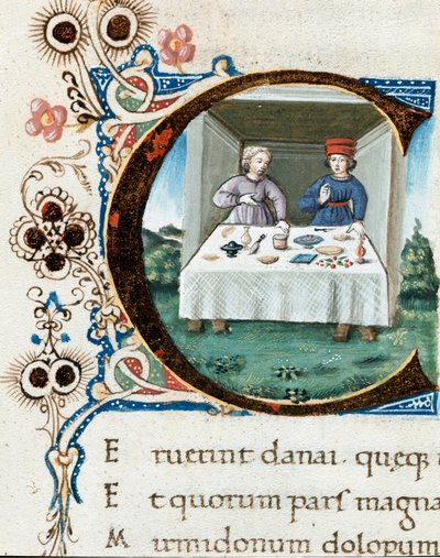 Lettera C decorata con una coppia a tavola. Miniatura tratta dalle Bucoliche di Virgilio da Unknown artist
