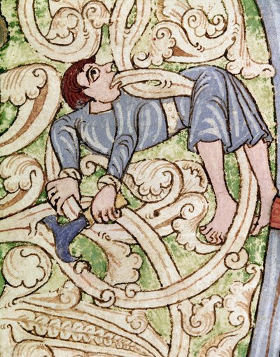 Lettera C decorata con la rappresentazione di un boscaiolo. Miniatura da una Bibbia (Antico Testamento) (Ms 3088) XII secolo da Unknown artist