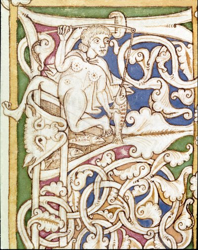 Lettera P decorata con la rappresentazione di una donna che pesca un pesce. Miniatura da una Bibbia (Antico Testamento) (Ms 3088) XII secolo. Coimbra, Biblioteca Universitaria da Unknown artist