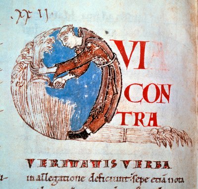 Lettrine "Q" rappresentante un monaco che miete il grano. Miniatura tratta da "Moralia in Job" di Gregorio I detto il Grande o Dialogo (532-604) da Unknown artist