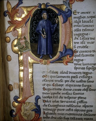 Lettera "p" da un manoscritto della "Divina Commedia". Incipit del "Purgatorio". Illustrazione raffigurante Dante Alighieri. XIV secolo. Braidense da Unknown artist