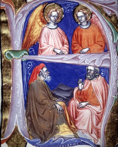 Lettrine che rappresentano angeli e filosofi che discutono - in De civitate dei di Sant
