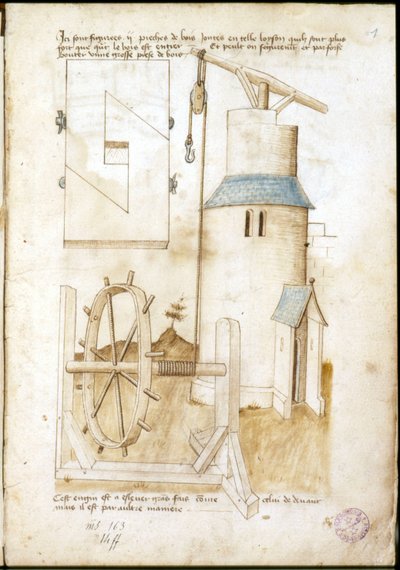 Sistema a leva con puleggia per cantiere - Manoscritto: foglio di pergamena di un manuale di ingegneria per la costruzione di edifici civili, religiosi e militari, anonimo, fine XV secolo (figura in inchiostro cinese) da Unknown artist