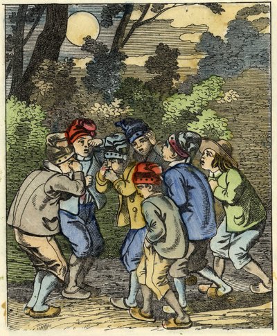 Pollicino e i suoi fratelli persi nella foresta. Illustrazione del racconto "Le Petit Poucet" di Charles Perrault da Unknown artist