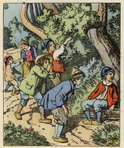Pollicino e i suoi fratelli persi nella foresta abbandonati dai loro genitori. Illustrazione della fiaba "Pollicino" di Charles Perrault da Unknown artist