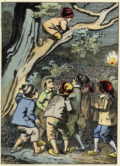 Pollicino sale su un albero e cerca la sua strada. Sta raccogliendo una luce nella foresta. Illustrazione della fiaba "Pollicino" di Charles Perrault da Unknown artist