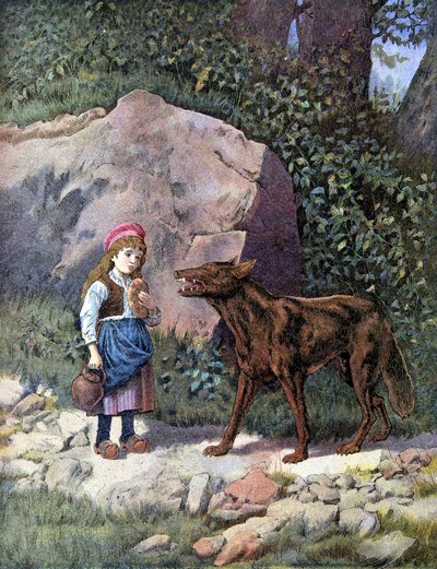 Cappuccetto Rosso incontra il lupo nella foresta - in "Les Tales de Perrault" da Unknown artist